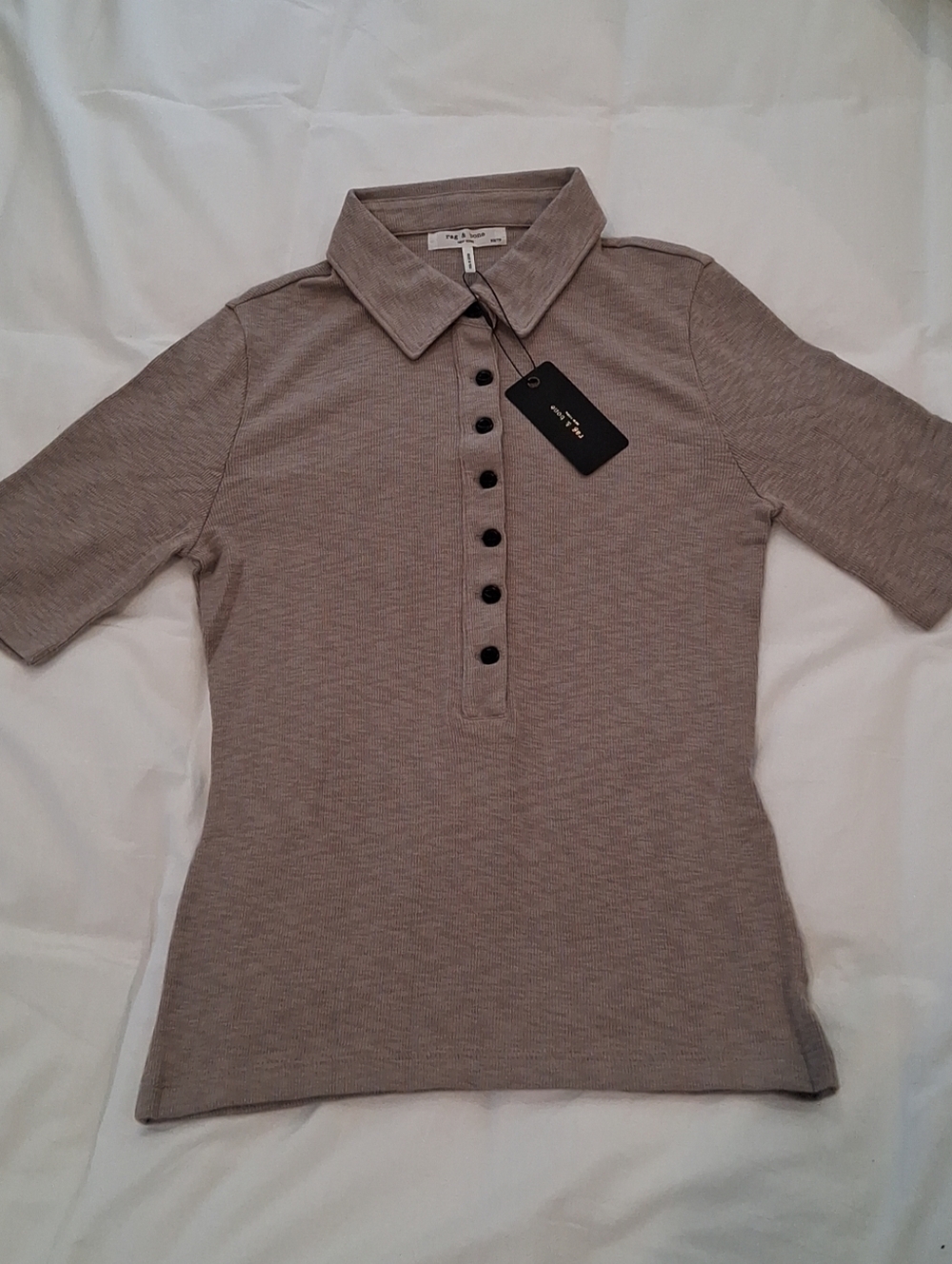 NWT rag & bone ribbed  short-sleeve Polo XS Moon Rock Gray 7 button retail $148